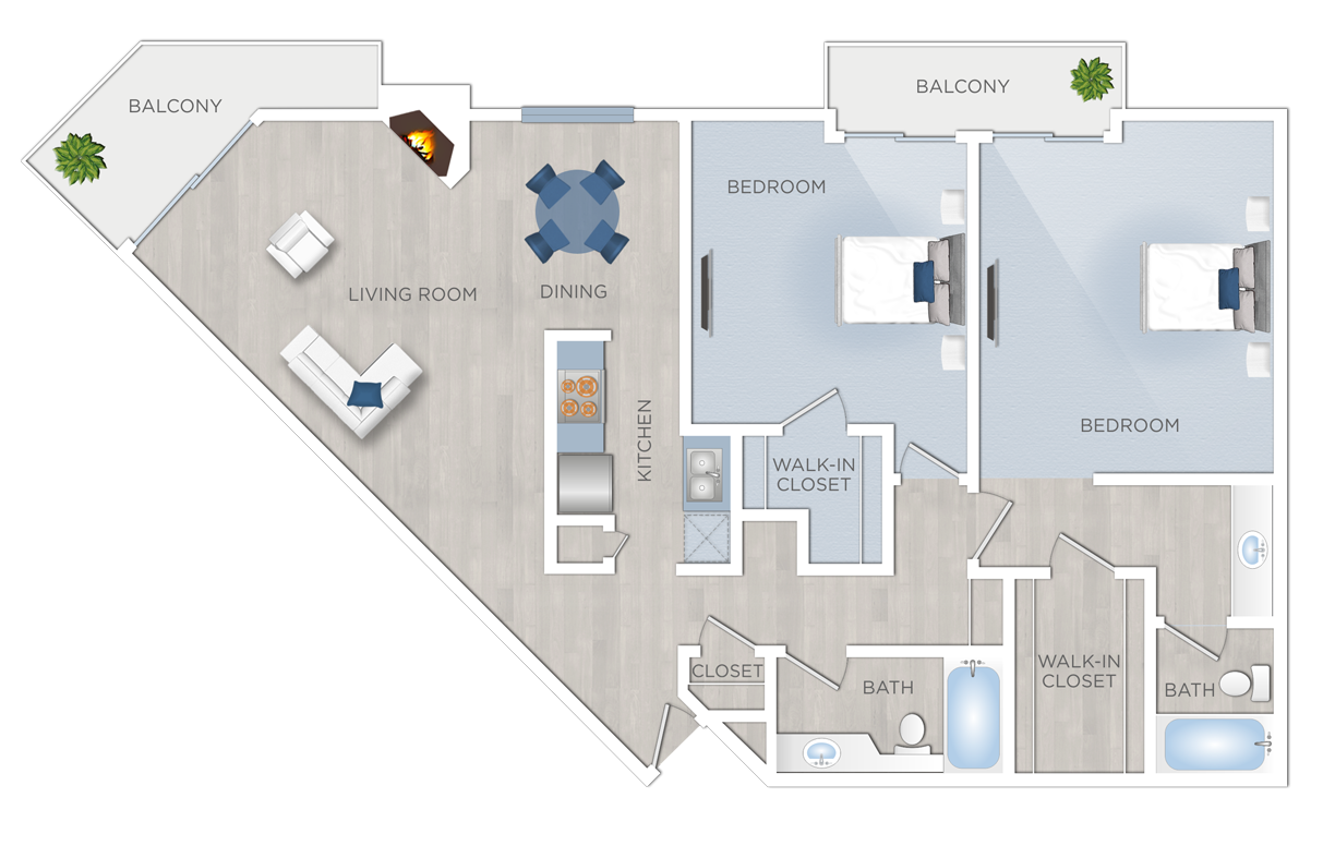 Floor plan for 2 beds, 2 baths, 1210 sqft
